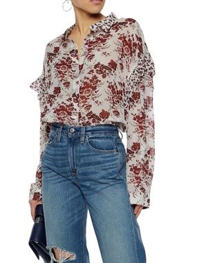 Robert Rodriguez Blouse Size 4 Pink Burgundy 100% Silk Floral Ruffle Button Down